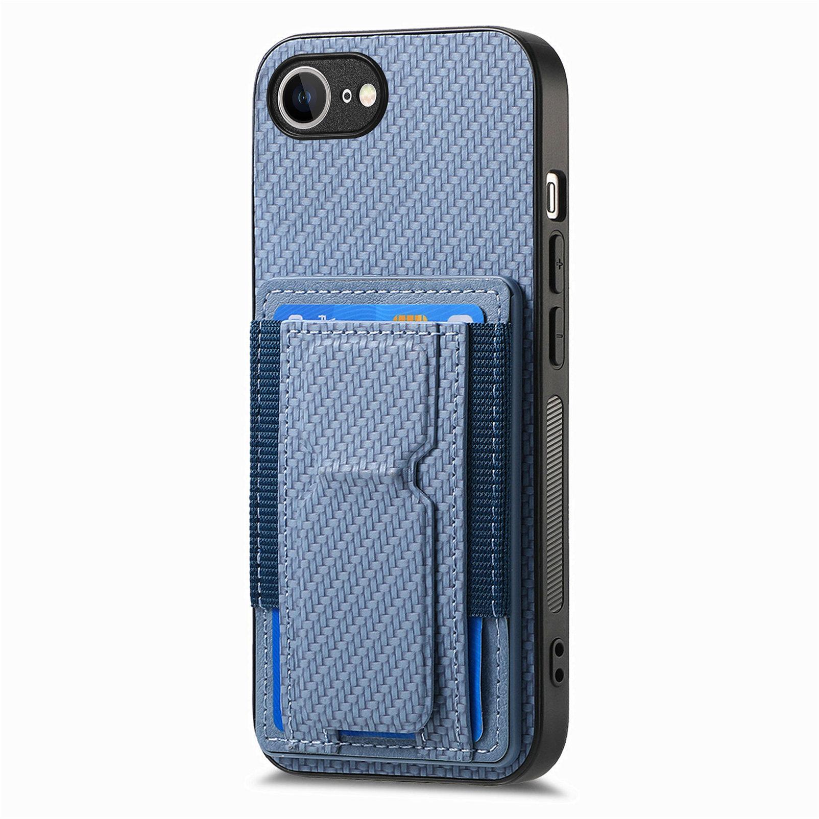

For iPhone 16e Case with Card Holder Kickstand Fiber Pattern Leather Back Cover Black