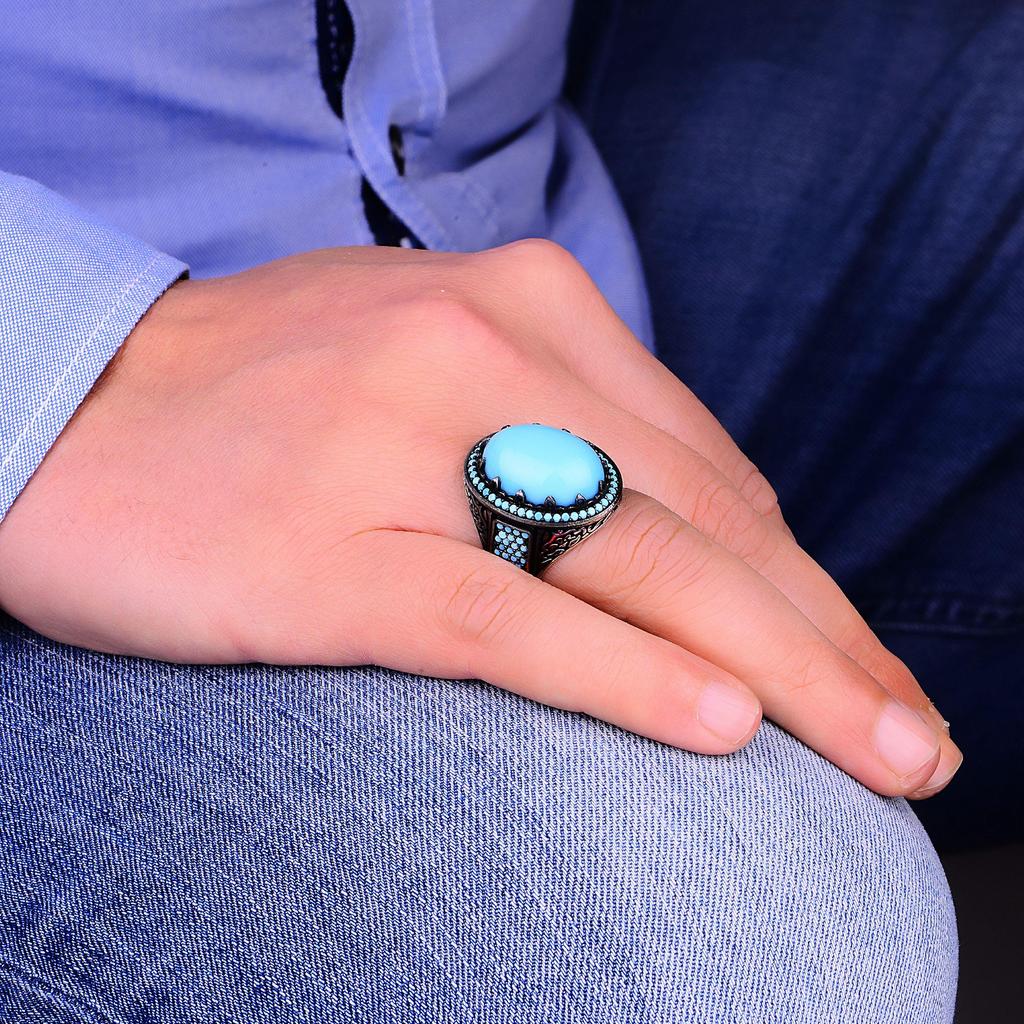 Antique Style Oval Turquoise Stone Men's Ring, Solid 925 Sterling Silver, Vintage-Inspired Masculine Band, Unique Gift for Him