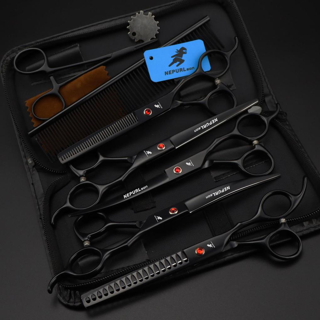 7.0-inch Black Baked Paint 5-piece Pet Grooming Scissors Set with Comb and Clippers