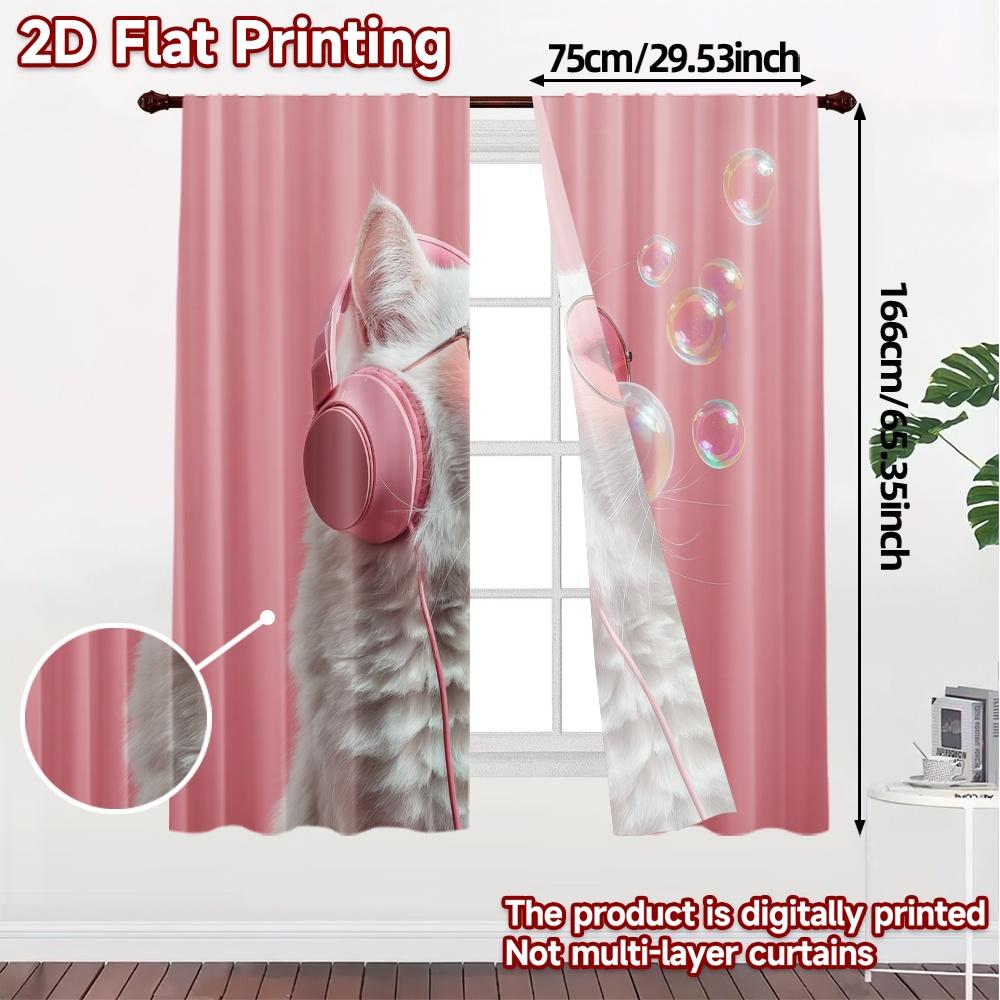 2pcs, 2D FLAT PRINTING Curtains (Without Rod) Cool Cat Harmony Popular Curtains Digital Printed 100% Polyester Curtains