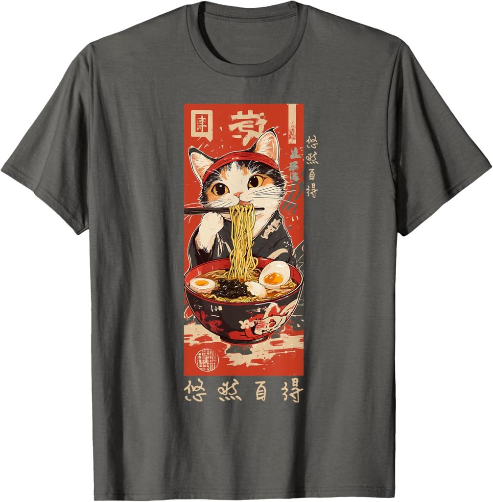 Ramen Cat Eating Noodles Japanese Ukiyoe Style Graphic Tee Casual Cotton TShirt for Men