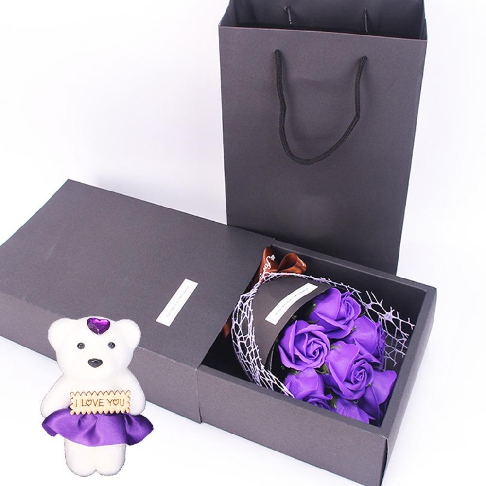Ribbon Bow Rose Bouquet Gift Box With Bear Doll Simulated Rose Bundle  Women's Day