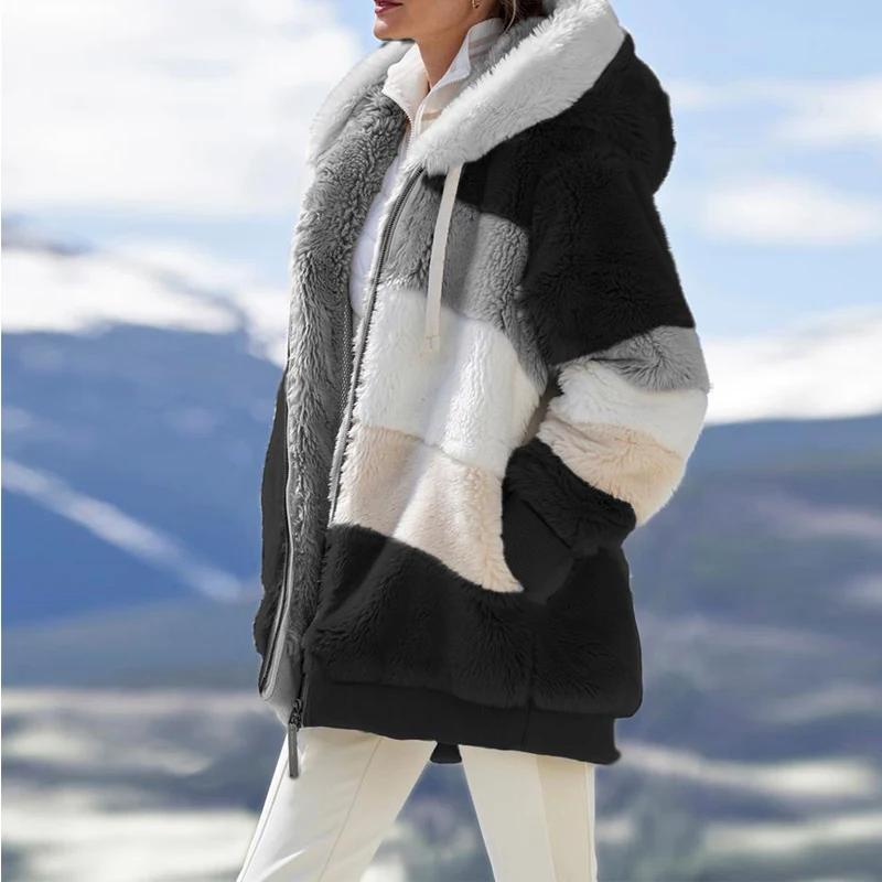 

Winter Fashion Women s Coat 2025 Hooded Zipper Ladies Jacket Spliced Thick Cashmere Women Jacket Stitching Plaid Ladies Coats 5XL винний