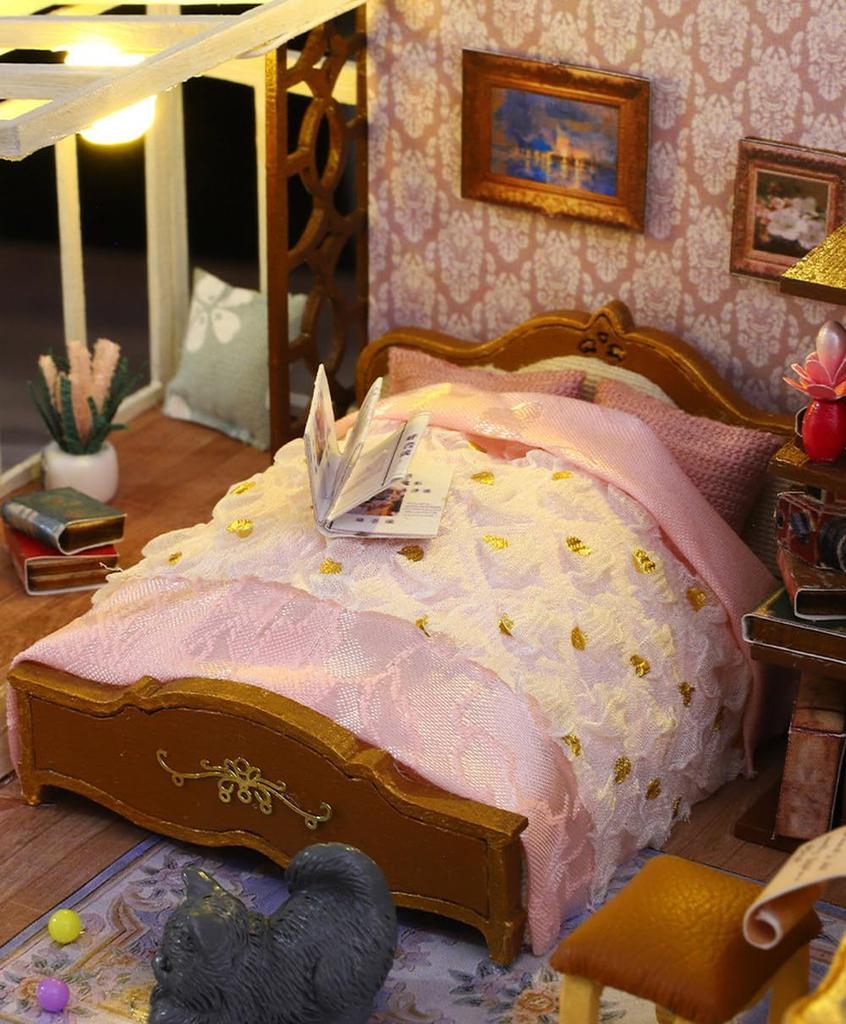 Moin Moin Dollhouse Miniature DIY Kit Set Luxury Retro X Modern LED Light Acrylic Case Music Box Cat Figure [English Instructions] Cottage, Mansion,