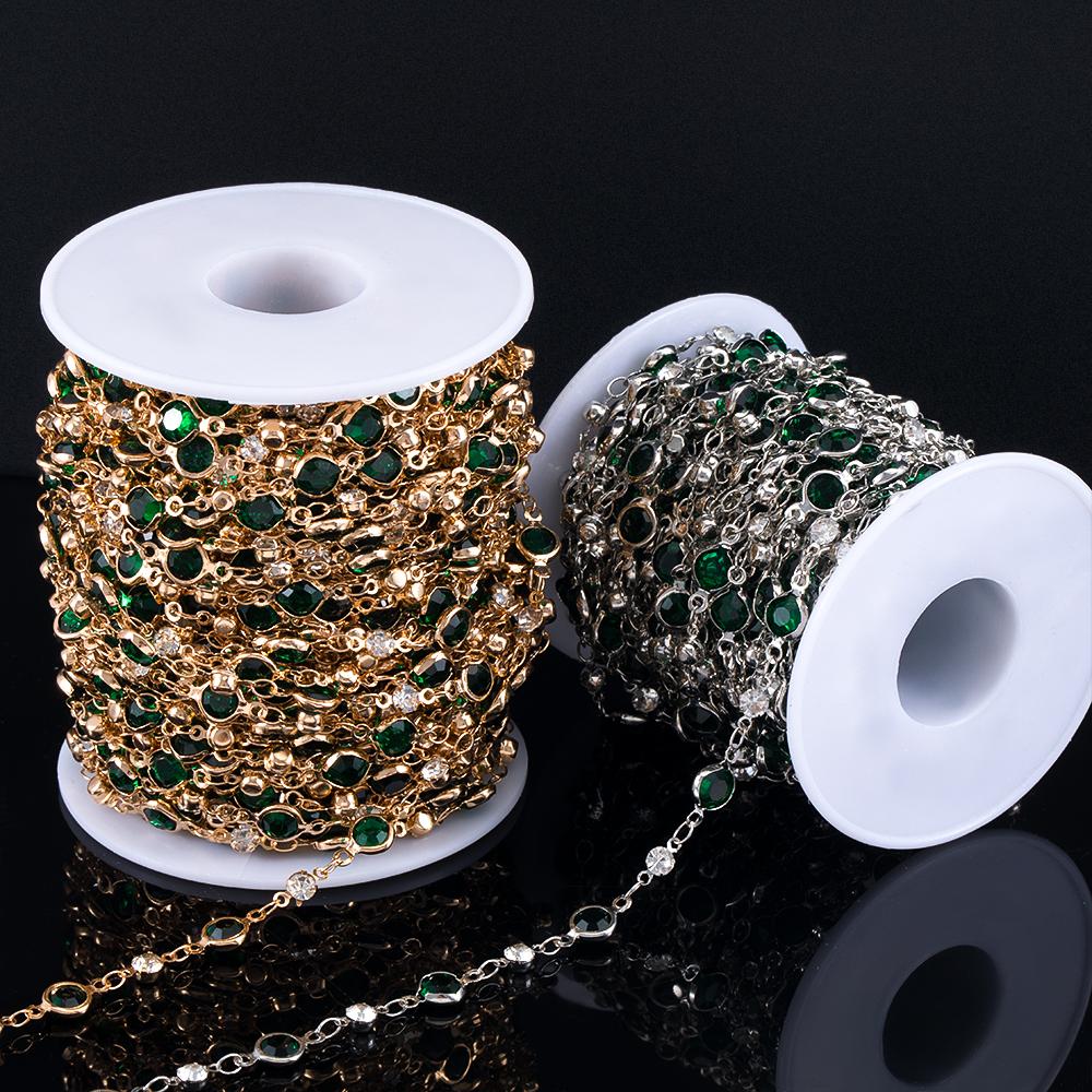 1meter Green Round Glass Beads Chain Crystal Bead Copper Stick Chains for DIY Necklace Bracelet Making Jewelry Findings Supplies