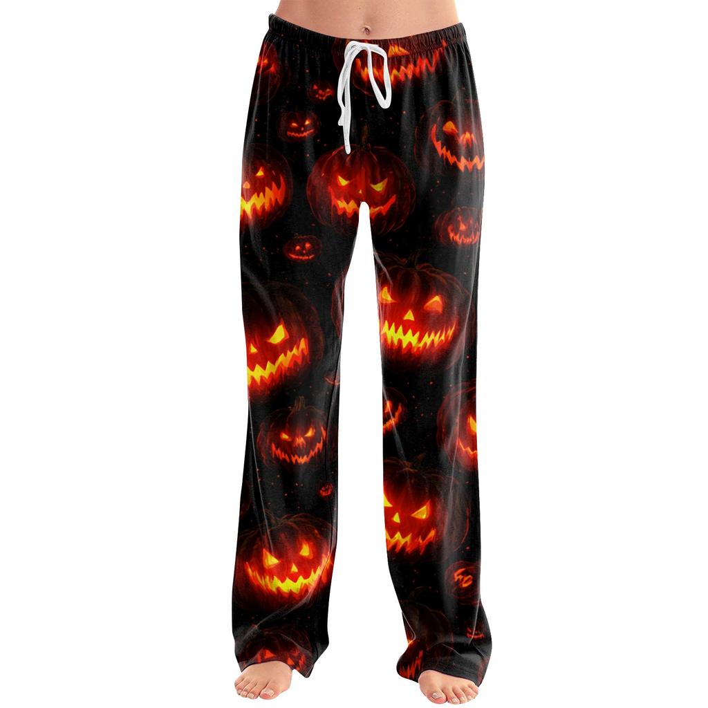 Women Loose Fit Casual Halloween Printed Pants Elastic Waist Relaxed Trousers with Pumpkin Pattern for Daily Wear