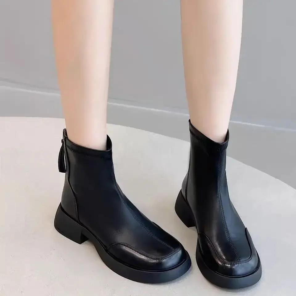 Female Short Shoes Elegant With Medium Heels Round Toe Waterproof Booties Designer Luxury Boot New In Chic Women's Ankle Boots
