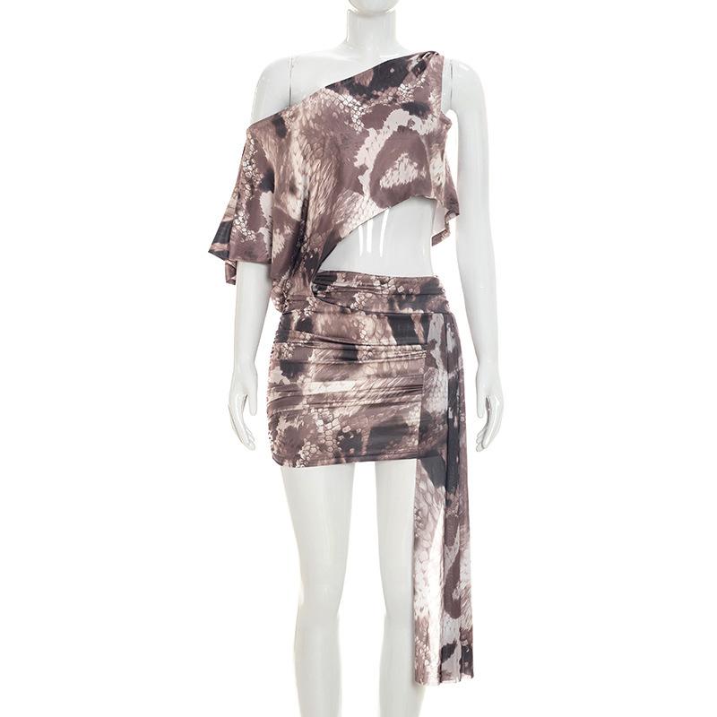 European and American women s clothing summer new sexy abstract printing diagonal collar shoulder short sleeve streamer short dress S