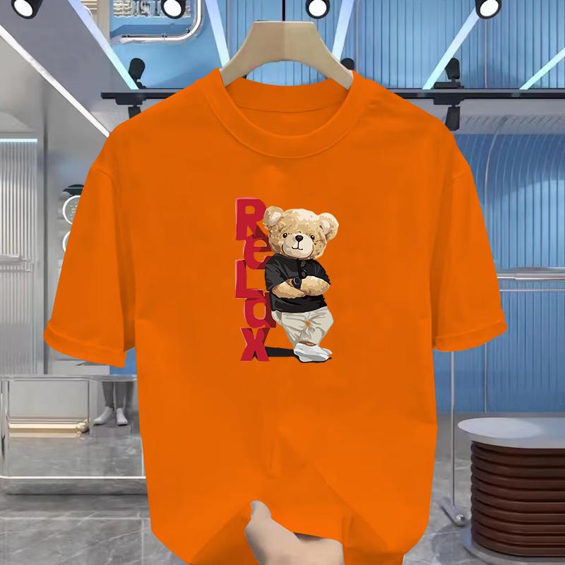 Men's Summer 100% Cotton Fashionable Casual Loose Large Size Letter Bear Printed Sports Round Neck Short Sleeve T-shirt Top