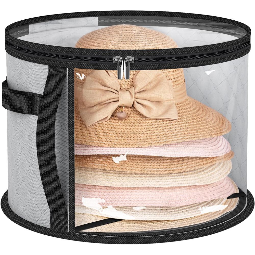 Transparent Hat Storage Box Hat Box Organizer with Zipper Closure Hat Storage Bucket, Foldable Round Brim Hat Storage Bag