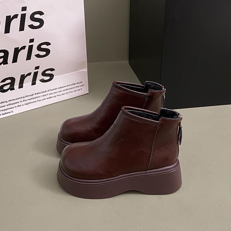 

Осень Зима Женские Ботильоны на Массивном Каблуке Комфортные Короткие Плюшевые Туфли Уличный Стиль Кожаные Стройнящие Современные Короткие Ботфорты Женские 35