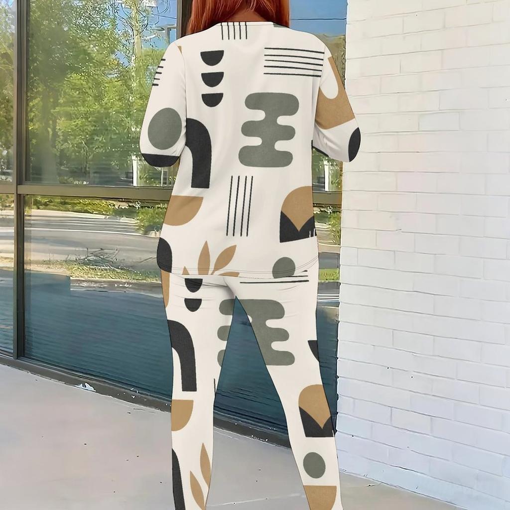 Women Plus Size Patchwork Printed Round Neck Long Sleeve Top And Fitted Pants Two Piece Set