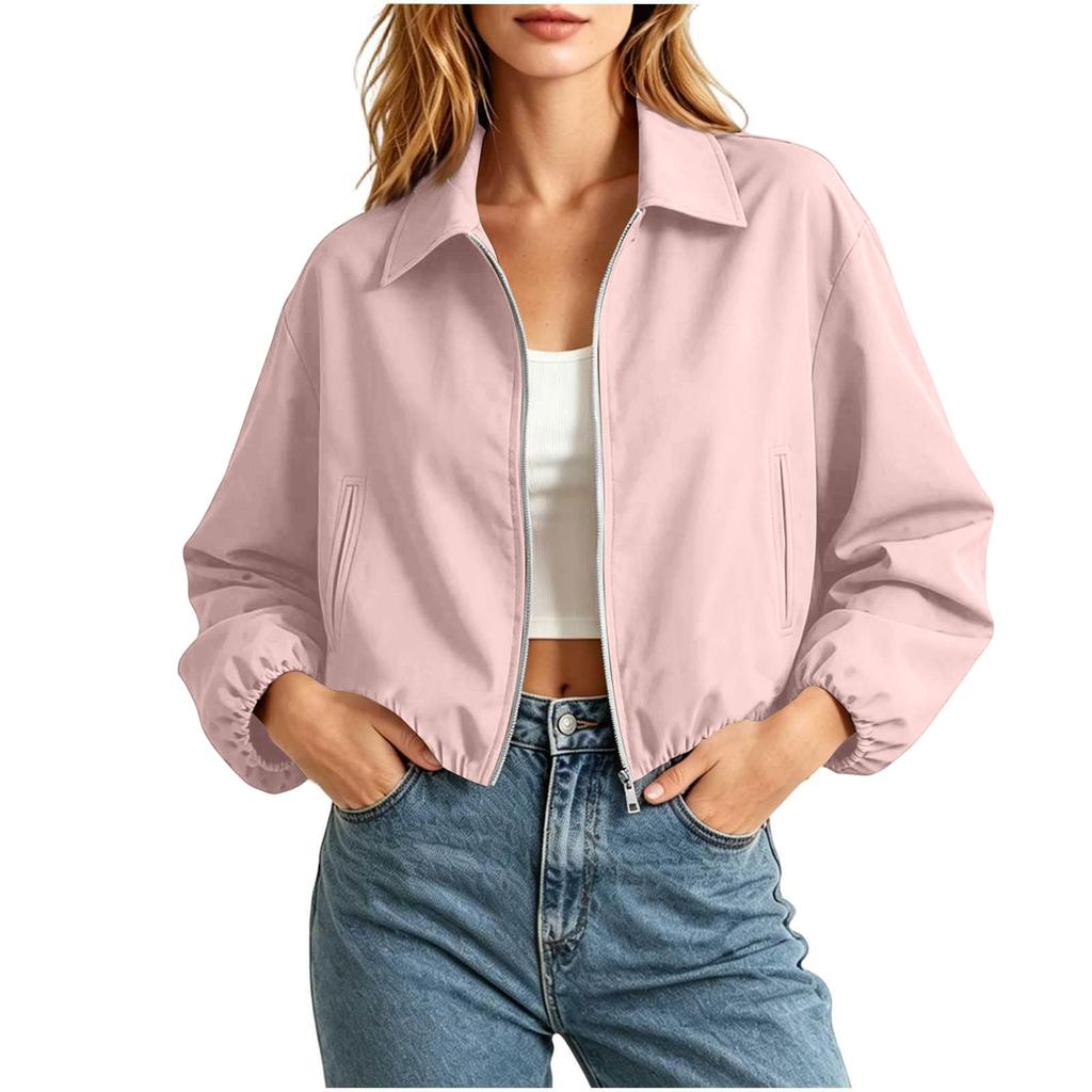Women's Fashion Short Loose Fit Puffy Zipper Long Sleeve Jacket Outerwear