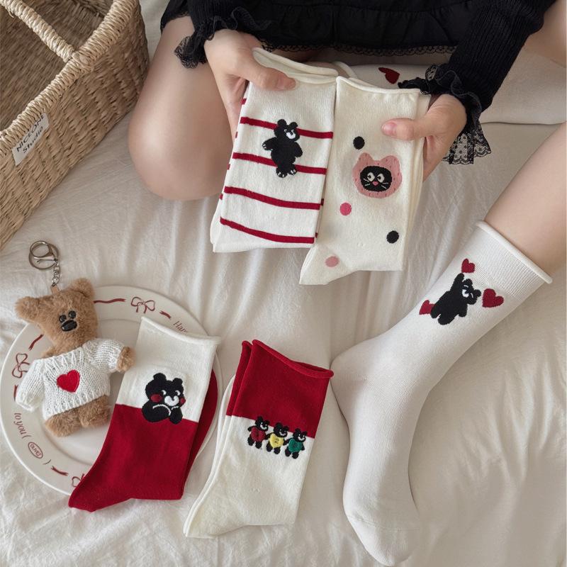 Rolled-up Socks for Women, Autumn Red and White Mid-calf Socks, Cartoon Bear Pile Socks, Striped Boneless Socks
