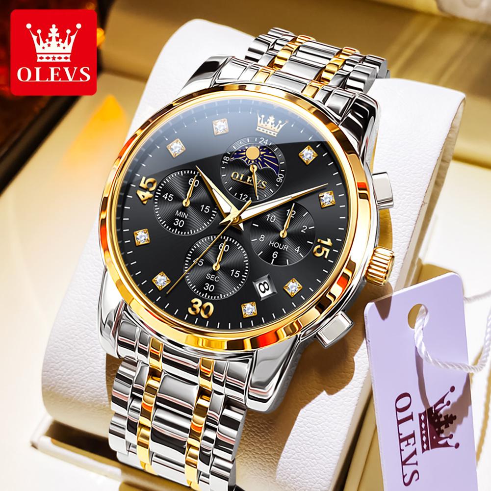 OLEVS 3652 Quartz Watches for Man Steel Strap Multi-functional Waterproof Luminous Chronograph Moon Phase Men's Wrist Watches