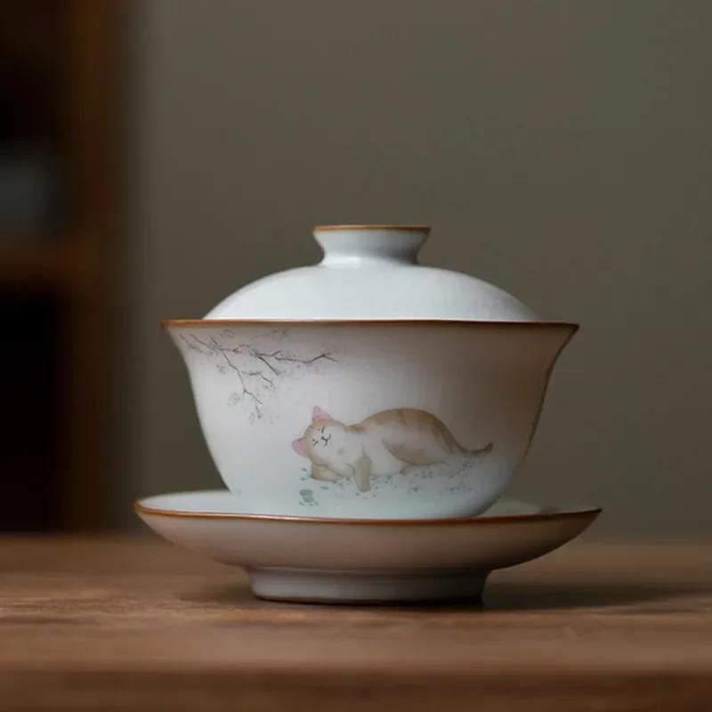 Traditional Ru Kiln Ceramic Tea Tureen Bowl Handmade Cat Pattern Teacup Travel Portable Gaiwan Home Tea Set Drinkware 160ml