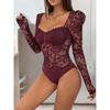 Female Lace Lace Spliced Square Collar Tight Black Bodysuit