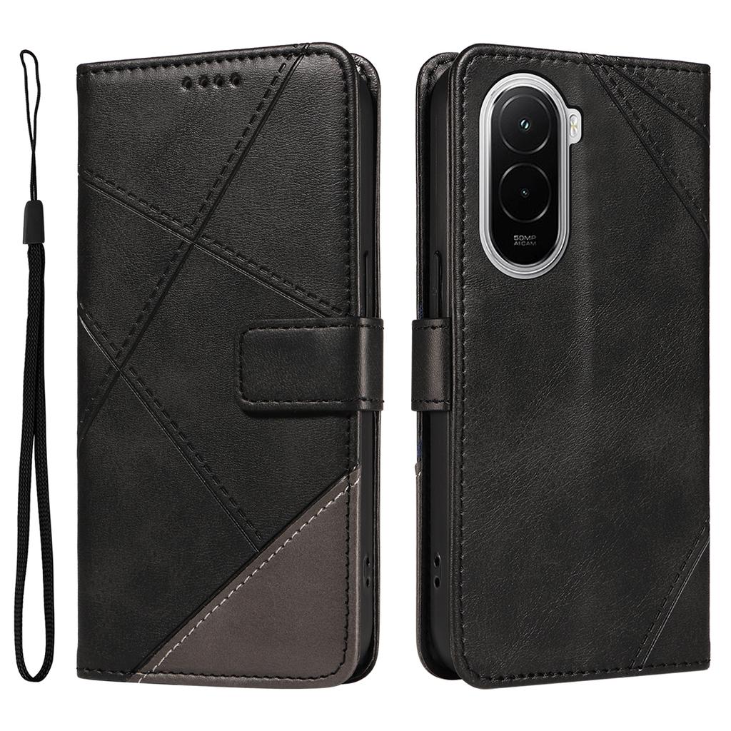For Xiaomi Poco M7 4G (169mm) Leather Case Geometric Line Design Wallet Phone Cover with Wrist Strap
