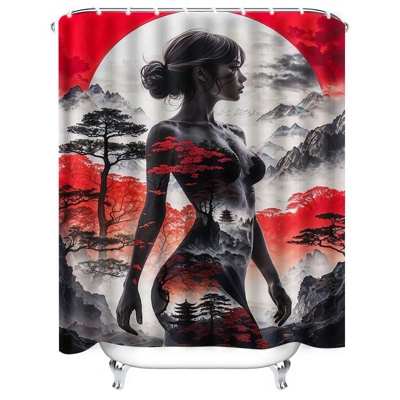 Fantasy Landscape Red Moonlight Woman Figure Shower Curtain Decoration Bathroom Waterproof Liner Printing Art Deco Anime Wall De