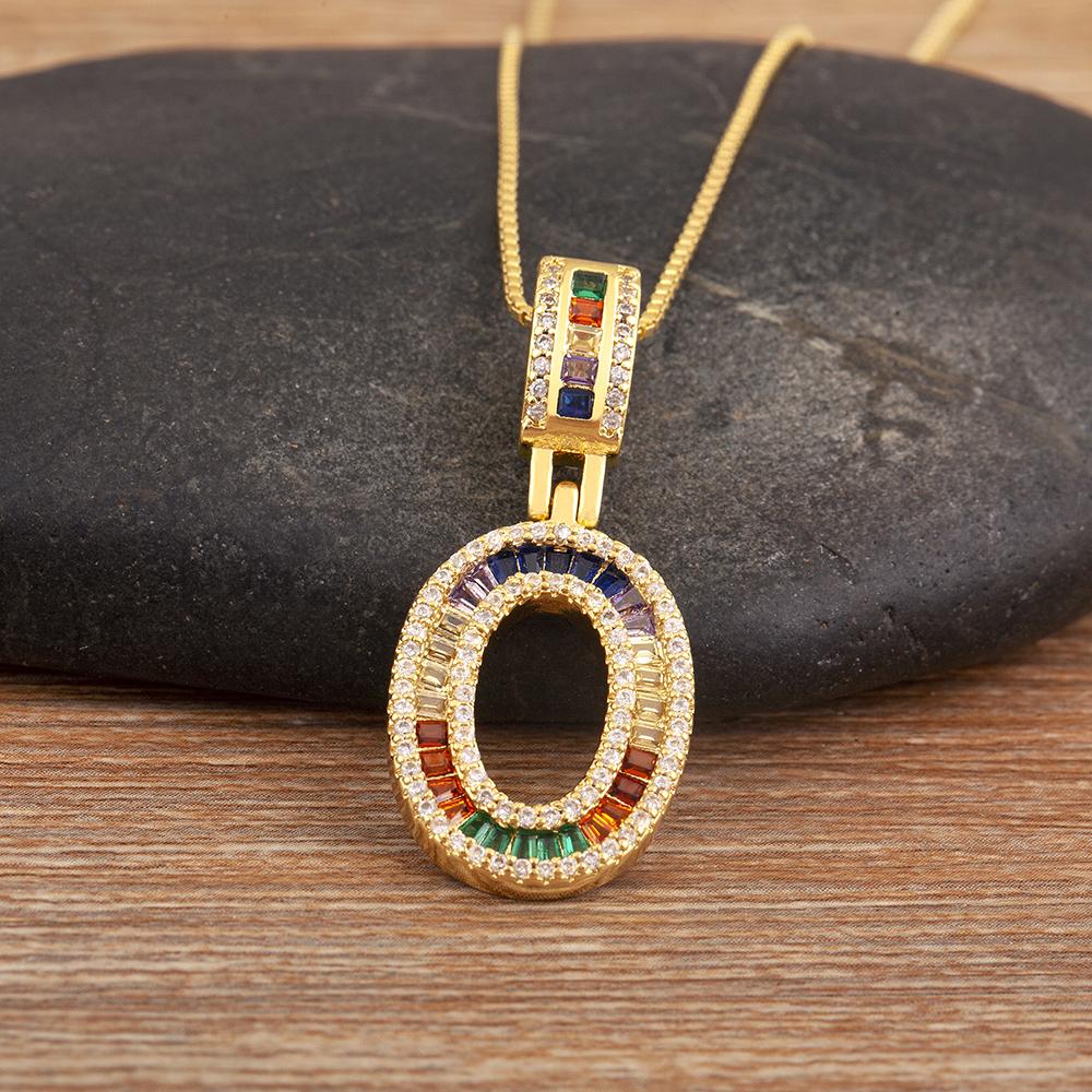 Nidin Simple Fashion 26 A-Z Letters Alphabet Rainbow Cubic Zirconia Pendant Necklace For Women Men Hip-Hop Style Copper Jewelry