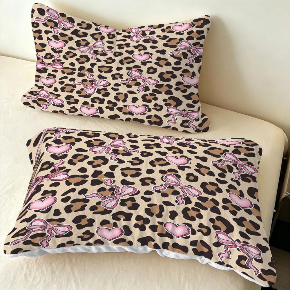 3PCS Leopard Print Pink Heart Bow Milk Velvet Bedding Set Soft Warm Winter Unfilled 1 Duvet Cover 2 Pillowcases Cozy Home Dec