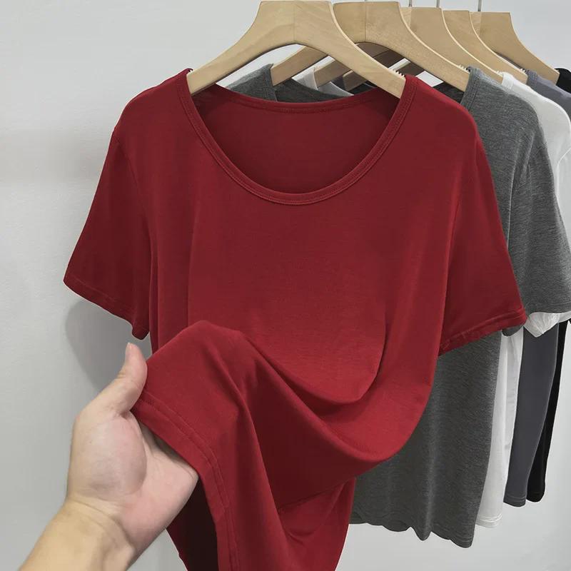 Damski T-shirt Modalowy z Dekoltem U w Dużym Rozmiarze - Elastyczny, Luźny Krój, Letni Top z Krótkim Rękawem