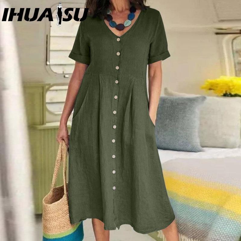 IHUASU Women Summer Casual Cotton V-Neck Short Sleeve Button Dress