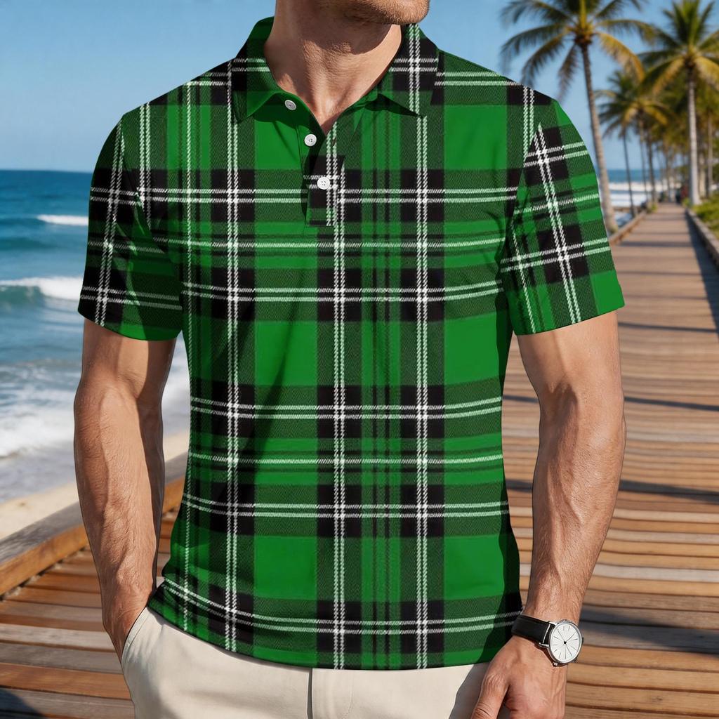 Mens Loose Fit Casual Plaid Print Short Sleeve Polo Shirt Classic Turn Down Collar Soft Lightweight Top