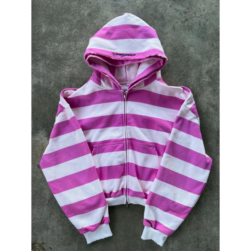 Street Style Embroidered Letter Hooded Zip-Up Long Sleeve Sweatshirt Striped Fake Two-Piece Oversized Pullover Women