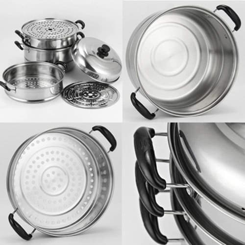 Steamer, 32cm, 2-Tier, 3-Tier, 3-Layer Bottom, Stainless Steel Lid, Compatible with Induction Cooking and Various Heat Sources