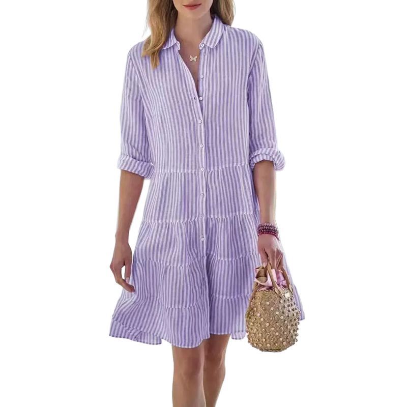 Women's Striped Cardigan Knee Length Shirt Long Sleeves Top