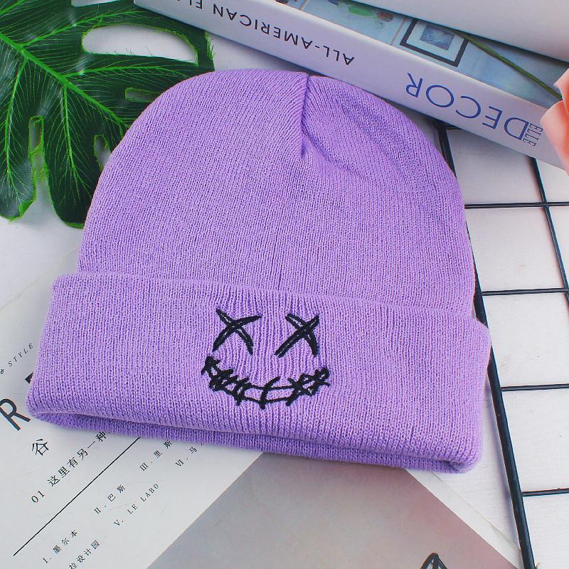 Herbst Winter Strickmütze Lustige Gesichts Mütze Vielseitig für Damen Streetstyle Personalisierte Stickerei Wollmütze Warme Zehenkappe Unisex