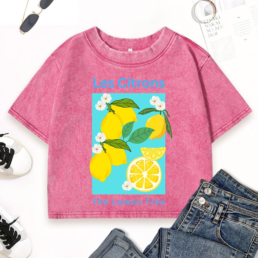 The Lemon Tree Les Citrons Print Women Washed T-Shirt Street Cotton Top Vintage Clothes Summer O-Neck Short Sleeve