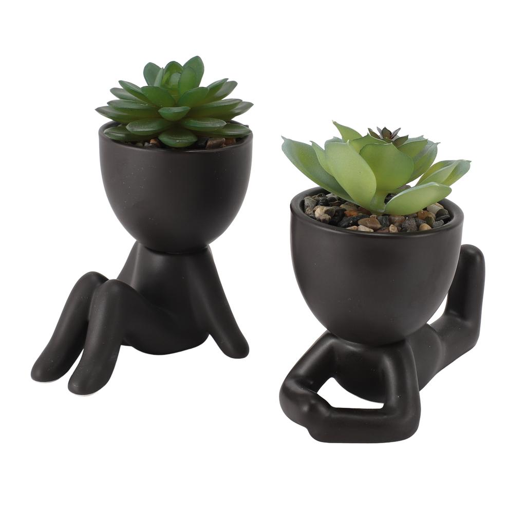 2pcs Artificial Succulent Flower Pot Cute Innovative Human Shaped Mini Fake Succulent Flower Pot for Home Desktop Decor