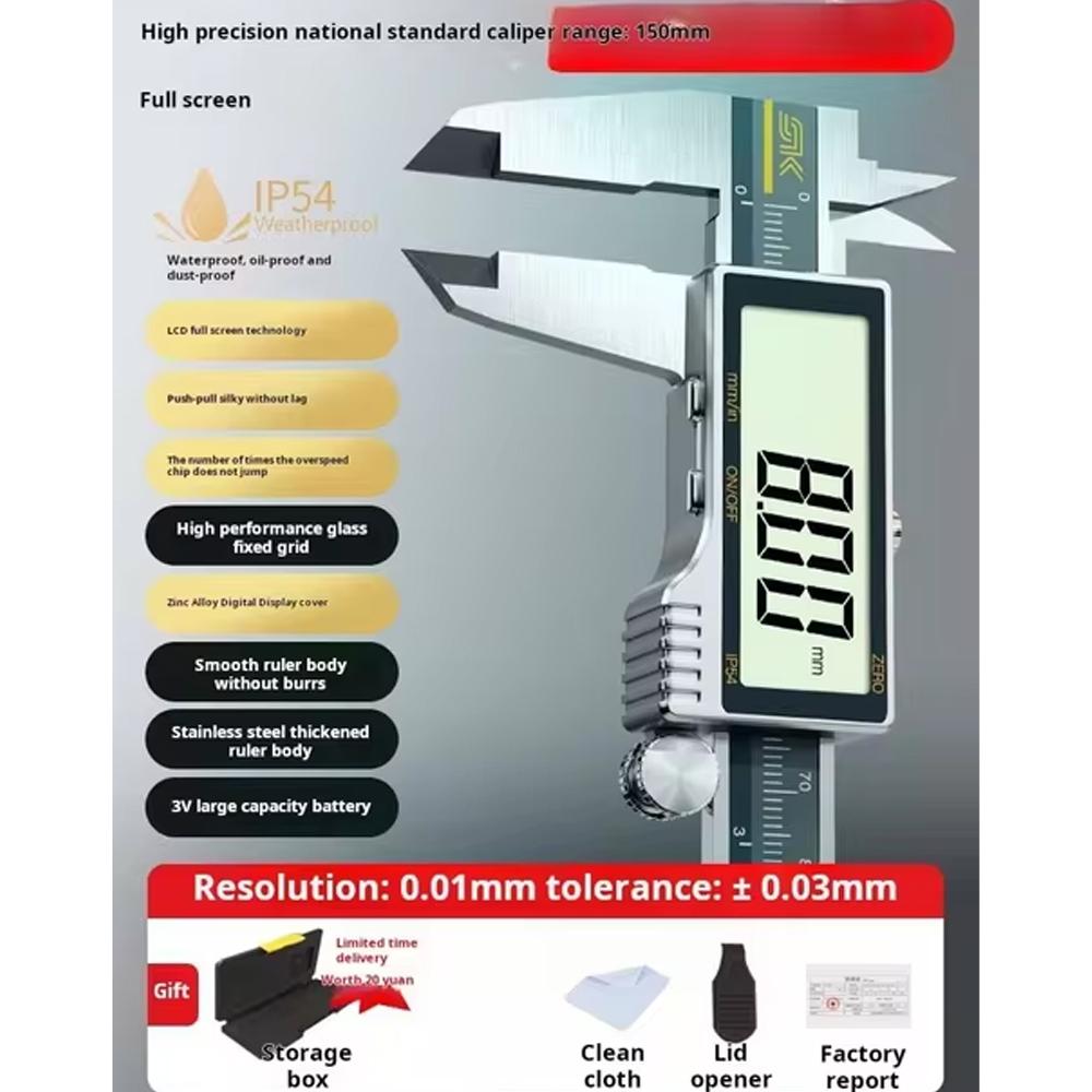 All-Metal IP54 Electronic Digital Display Vernier Calipers 0-150/200/300mm Stainless Steel HD Full Screen Caliper Measuring Tool