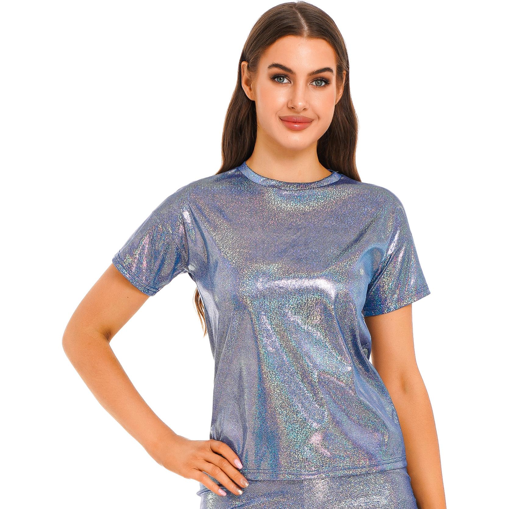 

Женская блестящая футболка с металлическим блеском, блестящие топы для джазовых танцев, модная футболка с круглым вырезом и короткими рукавами, Клубная одежда, уличная одежда S синий