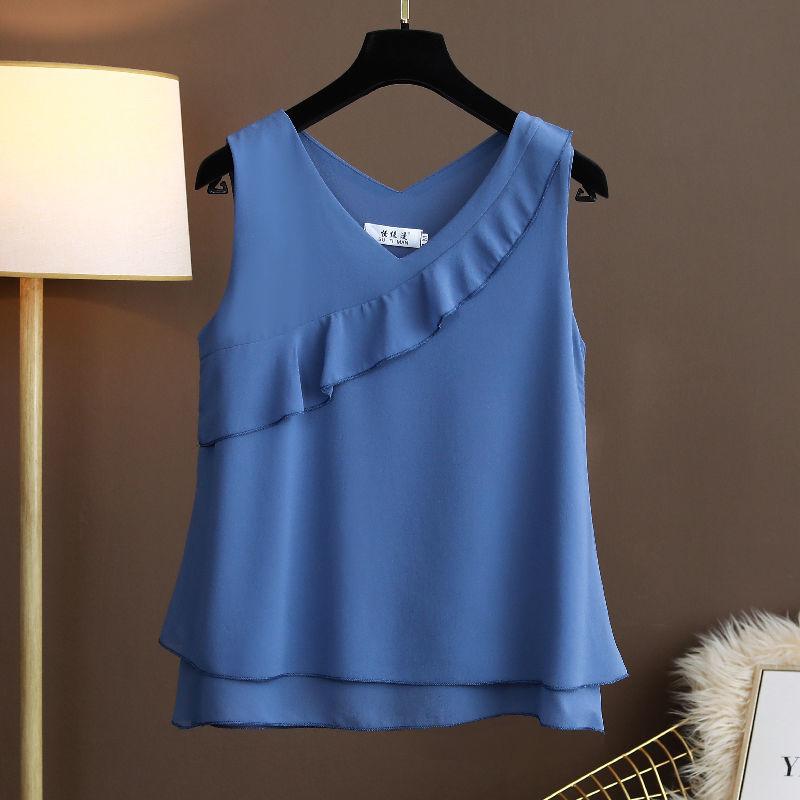 Summer Women Loose Ruffles  Chiffon Blouses Sleeveless V-neck Vest Female Oversized Tops