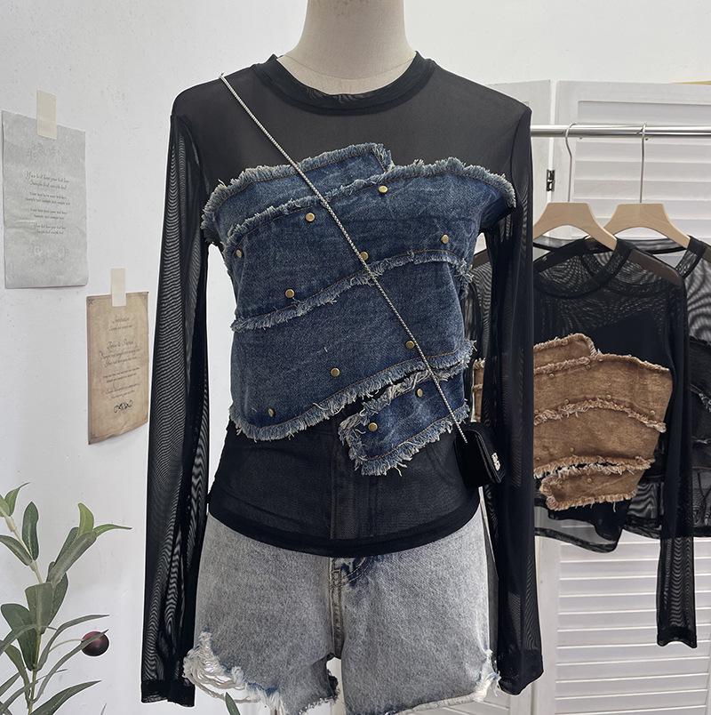 

Spicy Girl Irregular Hem Denim & Mesh Long Sleeve Patchwork Shirt 8978 One Size синій