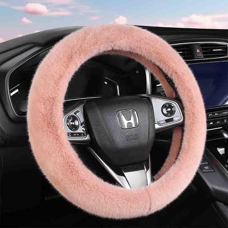 

Winter Plush Car Steering Wheel Cover for Women, Korean Cute Warm Universal Three-Piece Set Short Plush Car Handle Cover Mink Pink