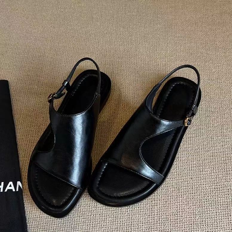 2025 Summer New Flat-soled Fashion Shoes Cowhide Sandals Open-toed Simple Soft-soled Commuter Sandals Korean Version Women's Shoes