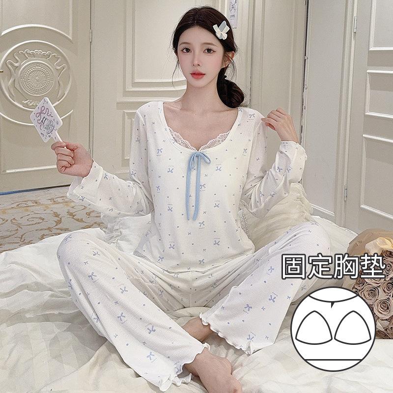 

Spring and Autumn New Products Long Sleeve Pajamas Women s Modal Bow Lace Set Homewear with Chest Pad XL