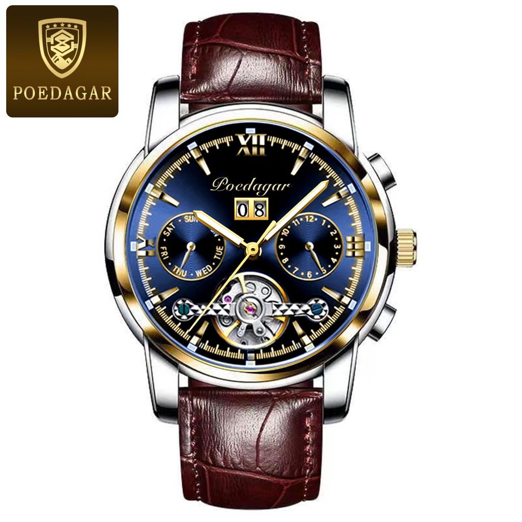 POEDAGAR Automatic Mechanical Watch Men Tourbillon Skeleton Wristwatch Calendar Week Display Leather Strap