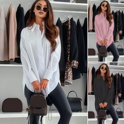 Women Casual Shirt Lapel Long Sleeve Single Breasted Shirt Tops Solid Color Loose Fit Commuting Style Office Lady Shirt