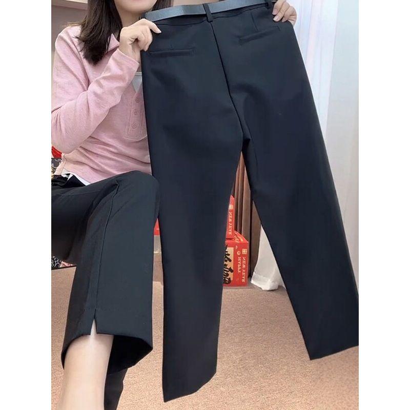 Spring New Style High-End Black Versatile Straight-Leg Casual Pants for Women, High-Waisted, Slimming, Cropped, with Slits, Cigarette-Style Suit Pants