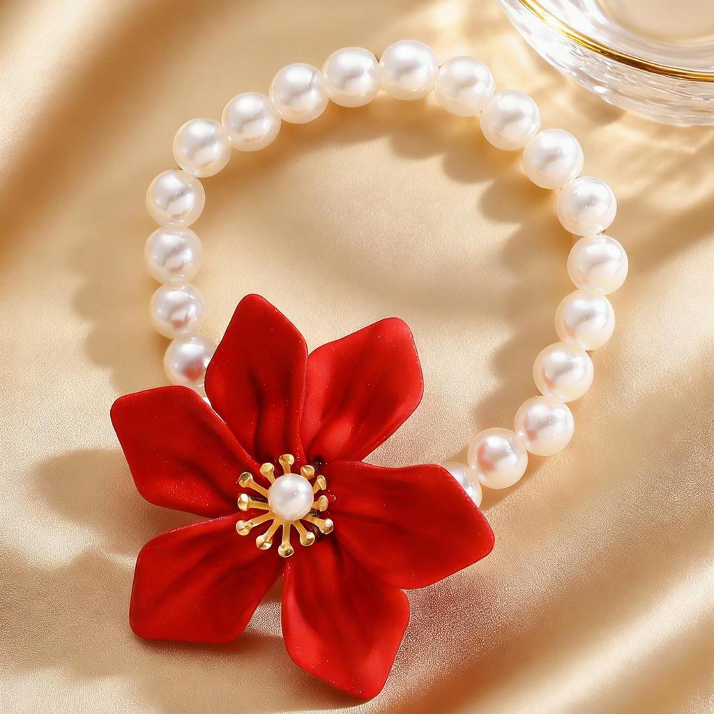 Schickes Set mit roten Blumenohrringen, Armband, Halskette & Perlenring - Damen-Modeaccessoires