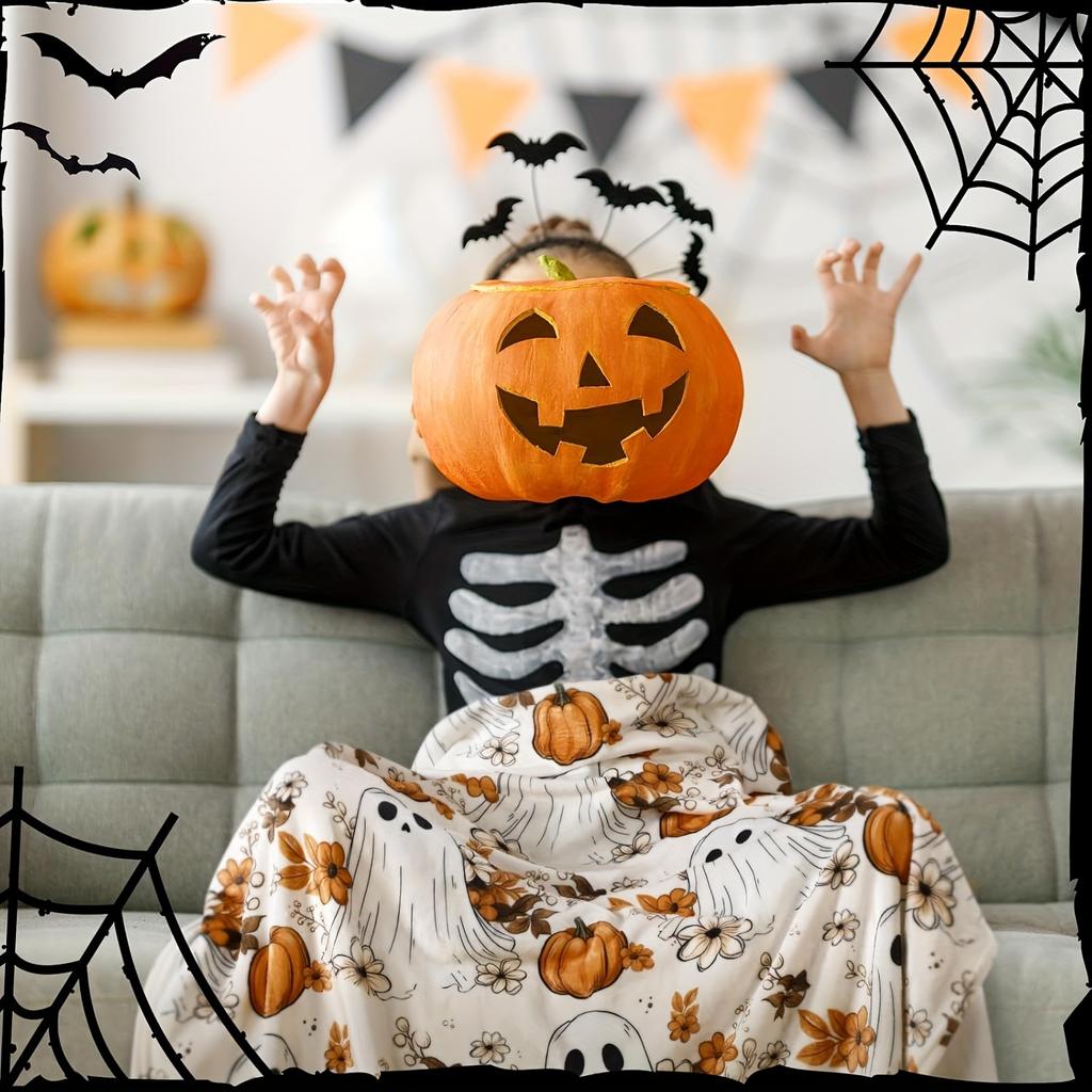 1pc Halloween Ghost & Pumpkin Pattern Plush Blanket, Perfect Gift for Celebrations, Ideal for Holiday Presents & Cozy Home Decor