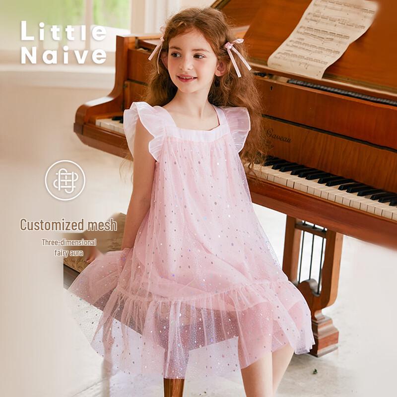 Little Naive Girls Sequin Flutter Sleeve Princess Mesh Dress 130 розовый