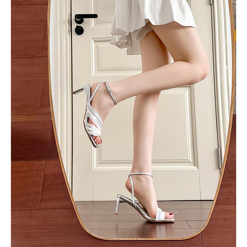 Summer Square Head with Sandals, Versatile Niche Design Silk High Heel Cool Slippers Women