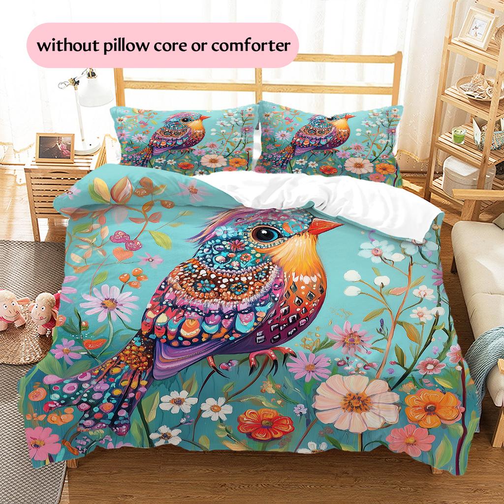 Colorful Flower Bird Pattern Bedding Quilt Set  Home Decoration  Gift (1 * duvet cover + 2 * pillowcase  without core)