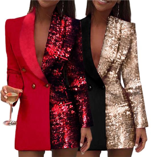 Damenkleid tiefer V-Ausschnitt Pailletten Herbst Winter Sexy Kontrastfarbe Arbeit Formelles Kleid für Party